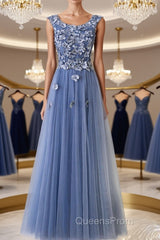 Round Neck Blue Lace Floral Long Evening Prom Dress, Blue Lace Long Formal Evening Dress