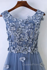 Round Neck Blue Lace Floral Long Evening Prom Dress, Blue Lace Long Formal Evening Dress