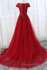 Round Neck Cap Sleeves Lace Long Evening Prom Dress,Tulle Lace Formal Evening Dress