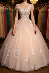 Round Neck Cap Sleeves Lace Pink Long Evening Prom Dress, Pink Lace Formal Dress, Pink Evening Dress, Ball Gown