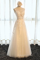 Round Neck Champagne Lace Evening Prom Dress with Corset Back, Champagne Lace Formal Evening Bridesmaid Dress