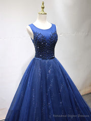 Round Neck Dark Navy Blue Long Prom Dresses with Corset Back, Navy Blue Formal Evening Dresses