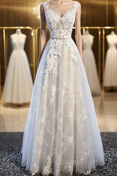 Round Neck Gray Lace Evening Prom Dress with Corset Back, Gray Lace Formal Evening Bridesmaid Dress