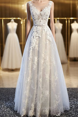 Round Neck Gray Lace Evening Prom Dress with Corset Back, Gray Lace Formal Evening Bridesmaid Dress