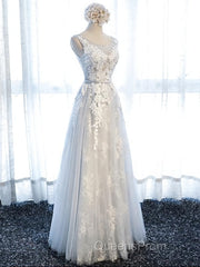 Round Neck Gray Lace Evening Prom Dress with Corset Back, Gray Lace Formal Evening Bridesmaid Dress