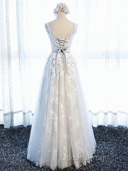 Round Neck Gray Lace Evening Prom Dress with Corset Back, Gray Lace Formal Evening Bridesmaid Dress