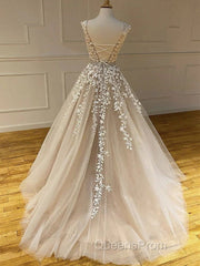 Round Neck Long Champagne Lace Wedding Dress, Champagne Lace Formal Evening Prom Evening Dress