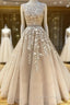 Round Neck Long Champagne Lace Wedding Dress, Champagne Lace Formal Evening Prom Evening Dress