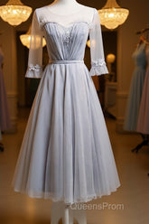 Round Neck Long Sleeves Blue Evening Prom Dress, Long Sleeves Blue Formal Bridesmaid Evening Dress