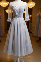 Round Neck Long Sleeves Blue Evening Prom Dress, Long Sleeves Blue Formal Bridesmaid Evening Dress