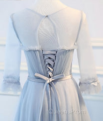 Round Neck Long Sleeves Blue Evening Prom Dress, Long Sleeves Blue Formal Bridesmaid Evening Dress