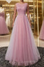 Round Neck Pink Beaded Long Evening Prom Dress, Pink Long Formal Evening Dress