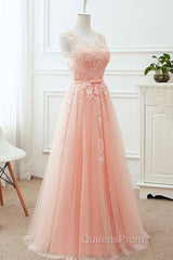 Round Neck Pink Lace Long Evening Prom Dress, Pink Lace Bridesmaid Dress