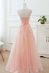 Round Neck Pink Lace Long Evening Prom Dress, Pink Lace Bridesmaid Dress