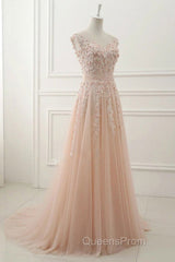 Round Neck Pink Lace Evening Prom Dress, Pink Lace Formal Evening Dress