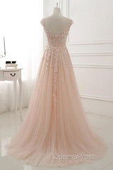 Round Neck Pink Lace Evening Prom Dress, Pink Lace Formal Evening Dress