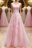 Round Neck Pink Lace Evening Prom Dress, Pink Lace Long Formal Evening Dress