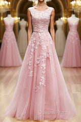 Round Neck Pink Lace Evening Prom Dress, Pink Lace Long Formal Evening Dress