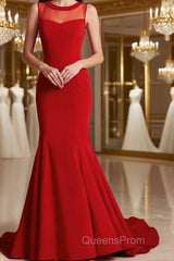 Round Neck Red Evening Prom Dress, Red Evening Dress, Red Long Dress