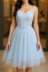 Round Neck Short Blue Lace Evening Prom Dress, Short Blue Lace Homecoming Graduation Dress