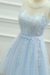 Round Neck Short Blue Lace Evening Prom Dress, Short Blue Lace Homecoming Graduation Dress