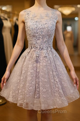 Round Neck Short Gray Lace Evening Prom Dress, Short Gray Lace Formal Homecoming Graduation Dress