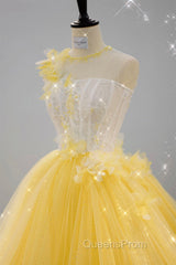 Round Neck Yellow Lace Tulle Evening Prom Dress, Yellow Lace Short Homecoming Dress, Yellow Formal Graduation Evening Dress