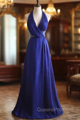 Royal Blue A-Line Halter Chiffon Satin Long Evening Prom Dress V-Neck Beaded Birthday Party Dress