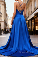 Royal Blue A Line Spaghetti Straps Satin Evening Prom Dress with Slit