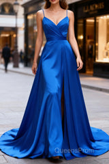 Royal Blue A Line Spaghetti Straps Satin Evening Prom Dress with Slit