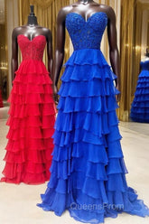 Royal Blue Chiffon Sweetheart Ruffle Tiered Long Evening Prom Dress