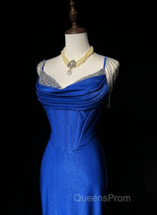 Royal Blue Elegant Mermaid Satin Spaghetti Strap Long Evening Prom Dress Beaded Formal Evening Gown