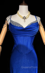 Royal Blue Elegant Mermaid Satin Spaghetti Strap Long Evening Prom Dress Beaded Formal Evening Gown