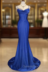 Royal Blue Elegant Mermaid Satin Spaghetti Strap Long Evening Prom Dress Beaded Formal Evening Gown