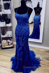 Royal Blue Mermaid Straps Tulle And Lace Party Dress, Royal Blue Evening Prom Dress