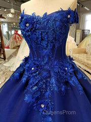 Royal Blue Off-The-Shoulder Evening Dress, Appliques Formal Evening Prom Dress