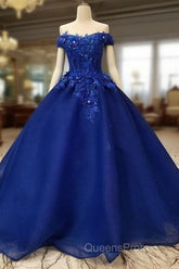 Royal Blue Off-The-Shoulder Evening Dress, Appliques Formal Evening Prom Dress