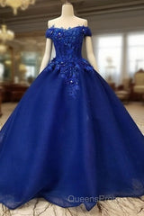 Royal Blue Off-The-Shoulder Evening Dress, Appliques Formal Evening Prom Dress