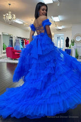 Royal Blue Off the Shoulder Ruffle Tiered Tulle Long Prom Dresses with Slit