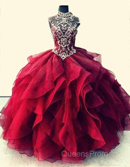 Royal Blue Organza High Neck Quinceanera Dress Burgundy Evening Prom Dress