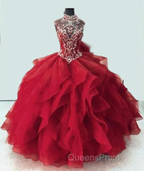Royal Blue Organza High Neck Quinceanera Dress Burgundy Evening Prom Dress