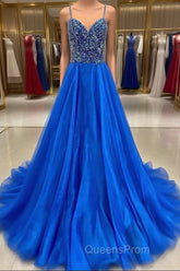 Royal Blue Evening Prom Dress A Line Spaghetti Straps Long Party Evening Dress with Beading