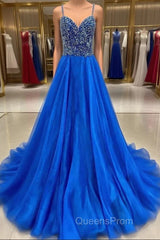 Royal Blue Evening Prom Dress A Line Spaghetti Straps Long Party Evening Dress with Beading