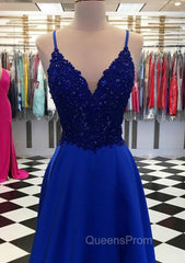 Royal Blue Evening Prom Dress, A-line V Neck Regular Straps Long/Floor-Length Satin Evening Prom Dress With Appliqued Beading