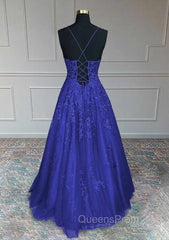 Royal Blue Evening Prom Dress, A-line V Neck Spaghetti Straps Long/Floor-Length Tulle Evening Prom Dress With Appliqued Beading Glitter