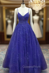 Royal Blue Evening Prom Dress, A-line V Neck Spaghetti Straps Long/Floor-Length Tulle Evening Prom Dress With Appliqued Beading Glitter