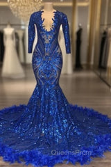 Royal Blue Robe De Soiree Mermaid V-Neck Long Sleeves Appliques Feather Long Evening Prom Dress Evening Prom Gown Evening Dress