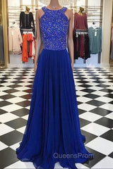 Royal Blue Round Neck Long Evening Prom Dress, Blue Evening Dress