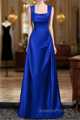 Royal Blue Satin A-Line Simple Long Party Dress, Royal Blue Satin Floor Length Evening Prom Dress