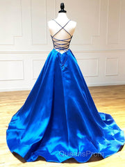 Royal Blue Satin A Line V Neck Long Evening Prom Dress